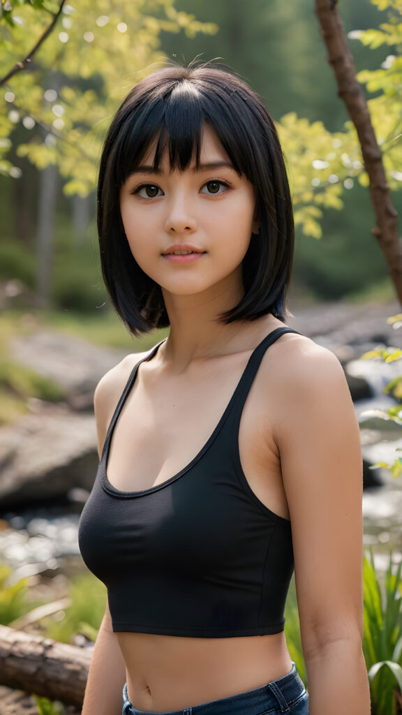 (((visualize a 3d picture))) of a (((cute teen girl))) with a ((((shoulder-length soft obsidian black straight hair)))), which perfectly styled and framed her face in (((side-swept bangs))), and ((piercing eyes)), accompanied by a sleek (((cropped tank top))). The scene is cropped from a (full-body view) to a (close-up of the girl), emphasizing her intricate details and expressing a sense of empathy and loneliness in the (((natural spring backdrop)))
