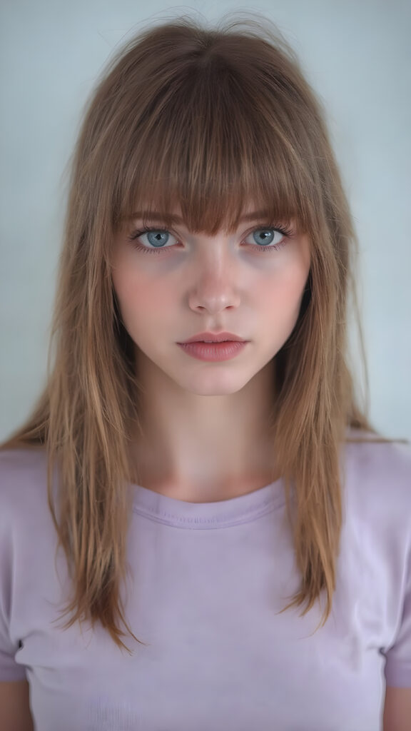 visualize a (((really detailed young teenage girl with long, soft straight red hair framing her face in classic bangs, her lips looking seductively, ((dressed in a plain violet t-shirt)) that accentuates every curve of her stunningly beautiful form, against a backdrop that suggests an ethereal mist