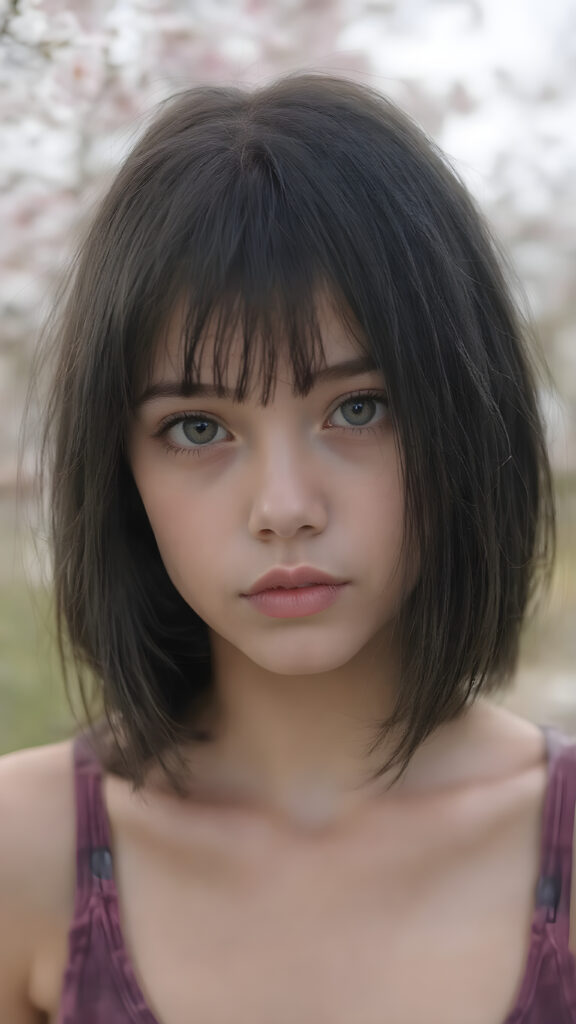 (((visualize a 3d picture))) of a (((cute teen girl))) with a ((((shoulder-length soft obsidian black straight hair)))), which perfectly styled and framed her face in (((side-swept bangs))), and ((piercing eyes)), accompanied by a sleek (((cropped tank top))). The scene is cropped from a (full-body view) to a (close-up of the girl), emphasizing her intricate details and expressing a sense of empathy and loneliness in the (((natural spring backdrop)))