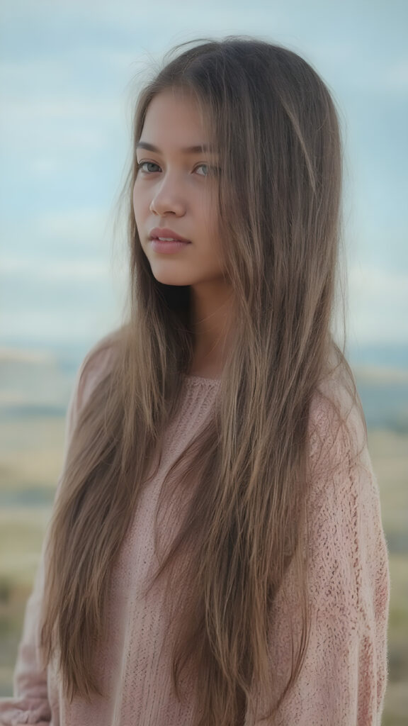 visualize a (((vividly beautiful scene))) where a (((cute tanned teen girl with super long straight jet brown hair))), wears a soft fine sweater made of wool, against a backdrop of a serene, (ethereal landscape)