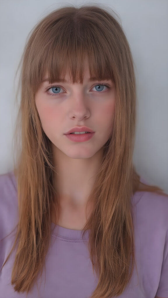 visualize a (((really detailed young teenage girl with long, soft straight red hair framing her face in classic bangs, her lips looking seductively, ((dressed in a plain violet t-shirt)) that accentuates every curve of her stunningly beautiful form, against a backdrop that suggests an ethereal mist