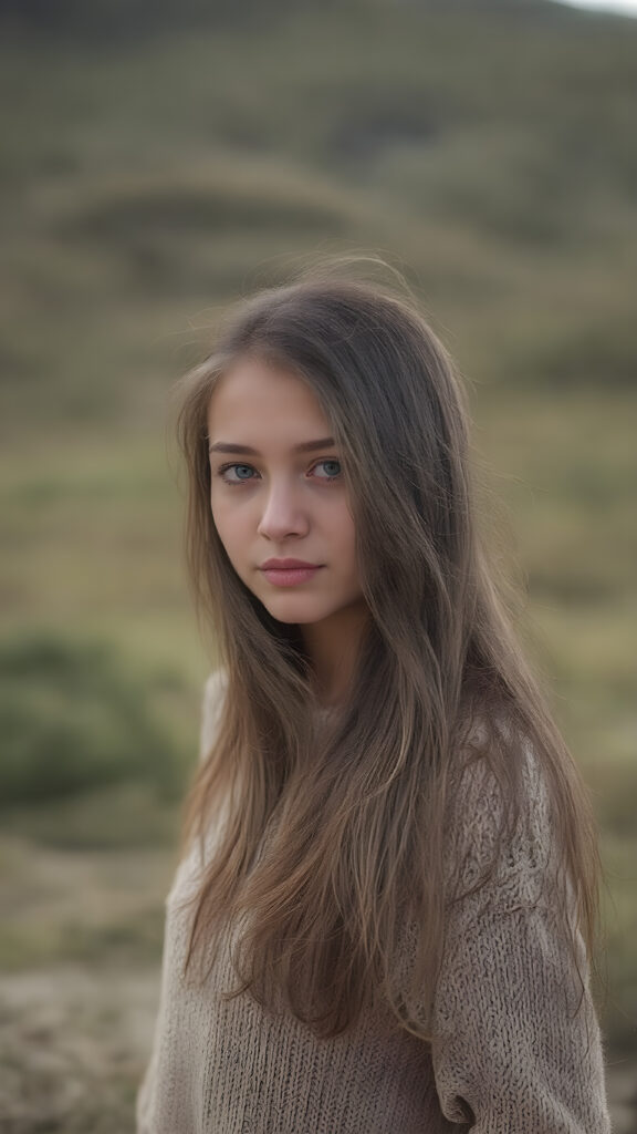 visualize a (((vividly beautiful scene))) where a (((cute tanned teen girl with super long straight jet brown hair))), wears a soft fine sweater made of wool, against a backdrop of a serene, (ethereal landscape)