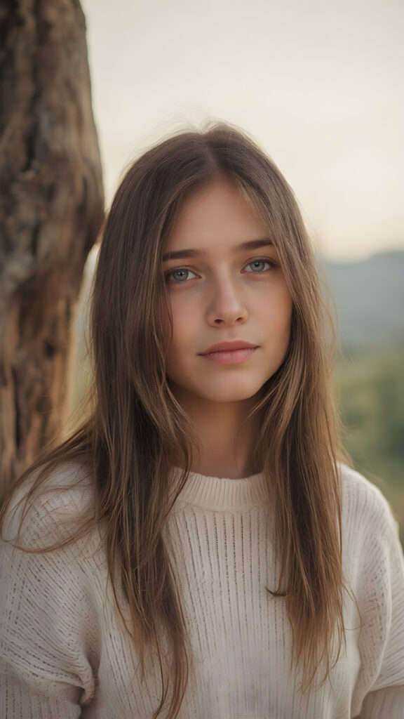 visualize a (((vividly beautiful scene))) where a (((cute tanned teen girl with super long straight jet brown hair))), wears a soft fine sweater made of wool, against a backdrop of a serene, (ethereal landscape)