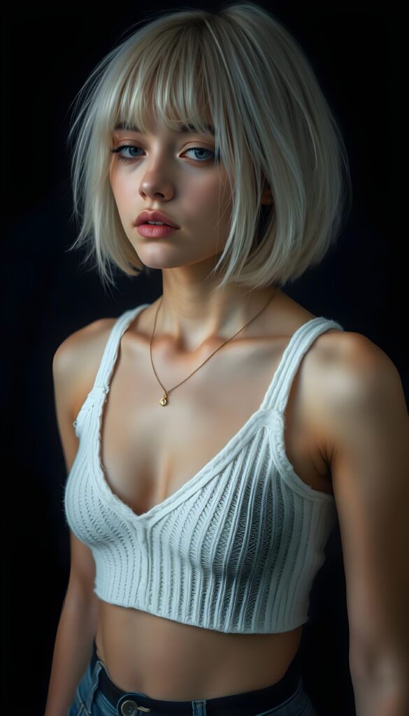 visualize a cute picture: a detailed teen girl, with soft straight jet white hair, bob and bangs cut frame her round face, exuding a sense of melancholy and loneliness, full lips, (((white knitted cropped short tank top made of fine wool)) which perfectly shaped her body, deep v-neck), side view (((against a black backdrop))) ((upper body portrait))