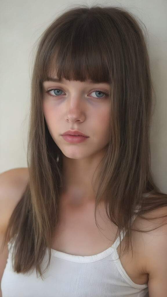visualize a cute picture: a detailed teen girl, 13 years old, with soft straight very long jet hair, bangs cut frame her round face, exuding a sense of melancholy and loneliness, full lips, (((white cropped short tank top made of fine wool)) which perfectly shaped her body), side view (((against a wall backdrop)))