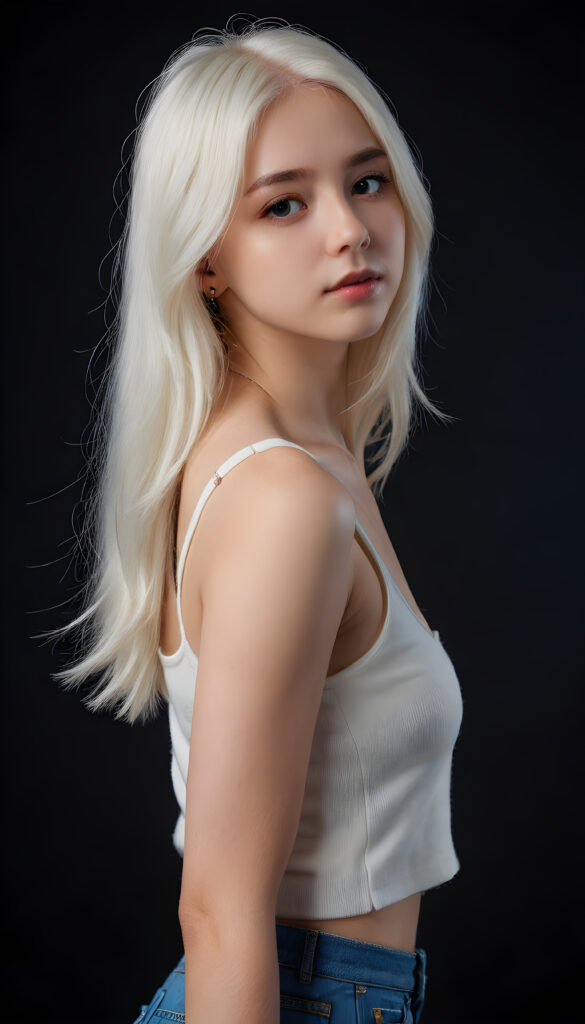 visualize a cute picture: a detailed teen girl, with soft straight very long jet white hair, bangs cut frame her round face, exuding a sense of melancholy and loneliness, full lips, (((white cropped short tank top made of fine wool)) which perfectly shaped her body, deep v-neck), side view (((against a black backdrop))) ((upper body portrait))