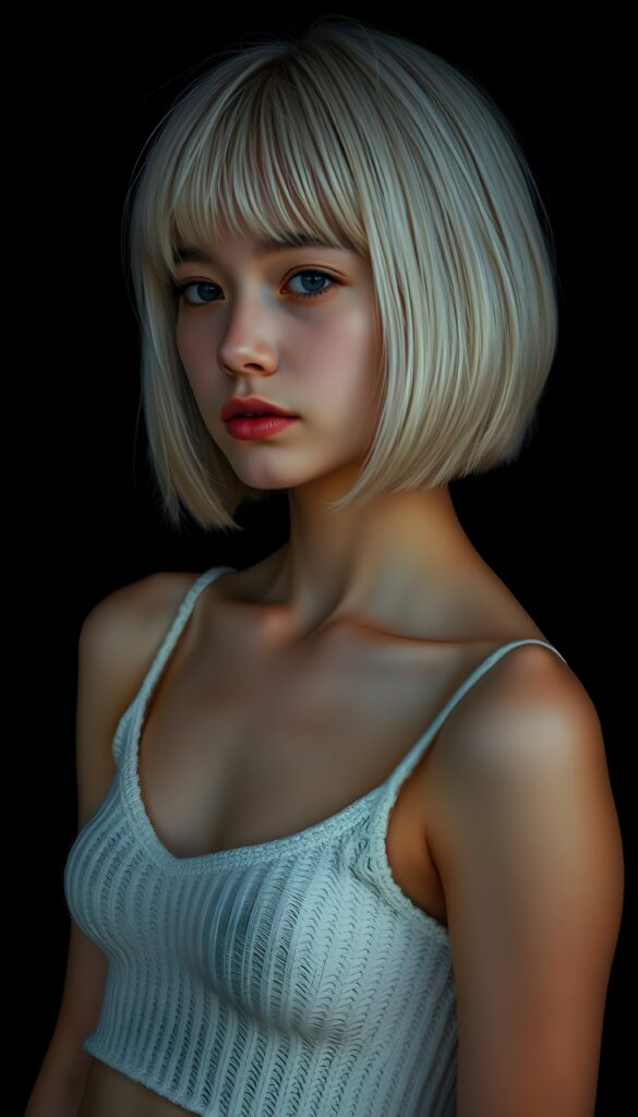 visualize a cute picture: a detailed teen girl, with soft straight jet white hair, bob and bangs cut frame her round face, exuding a sense of melancholy and loneliness, full lips, (((white knitted cropped short tank top made of fine wool)) which perfectly shaped her body, deep v-neck), side view (((against a black backdrop))) ((upper body portrait))
