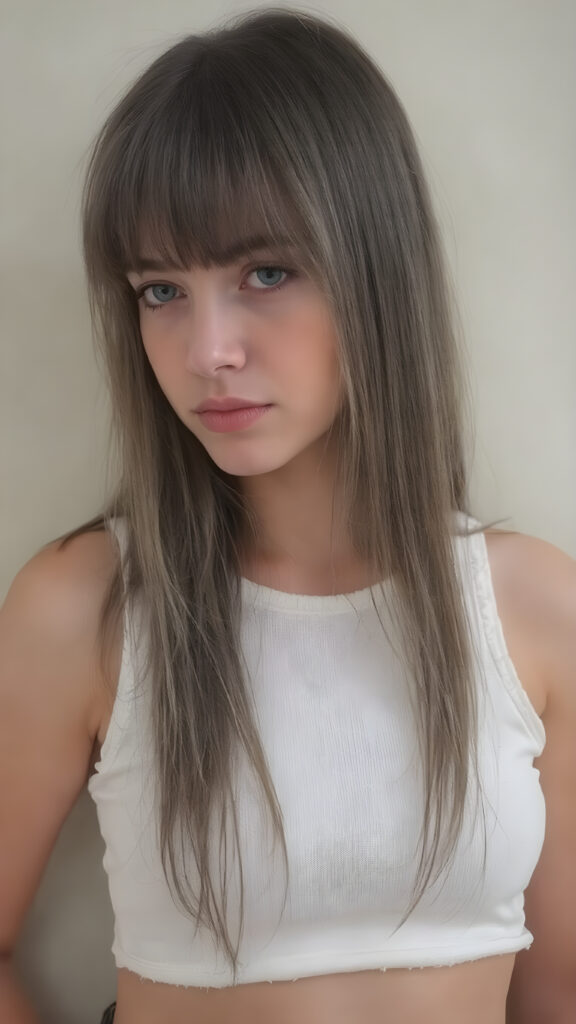 visualize a cute picture: a detailed teen girl, 13 years old, with soft straight very long jet hair, bangs cut frame her round face, exuding a sense of melancholy and loneliness, full lips, (((white cropped short tank top made of fine wool)) which perfectly shaped her body), side view (((against a wall backdrop)))