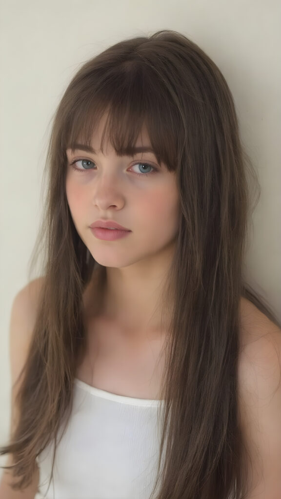 visualize a cute picture: a detailed teen girl, 13 years old, with soft straight very long jet hair, bangs cut frame her round face, exuding a sense of melancholy and loneliness, full lips, (((white cropped short tank top made of fine wool)) which perfectly shaped her body), side view (((against a wall backdrop)))