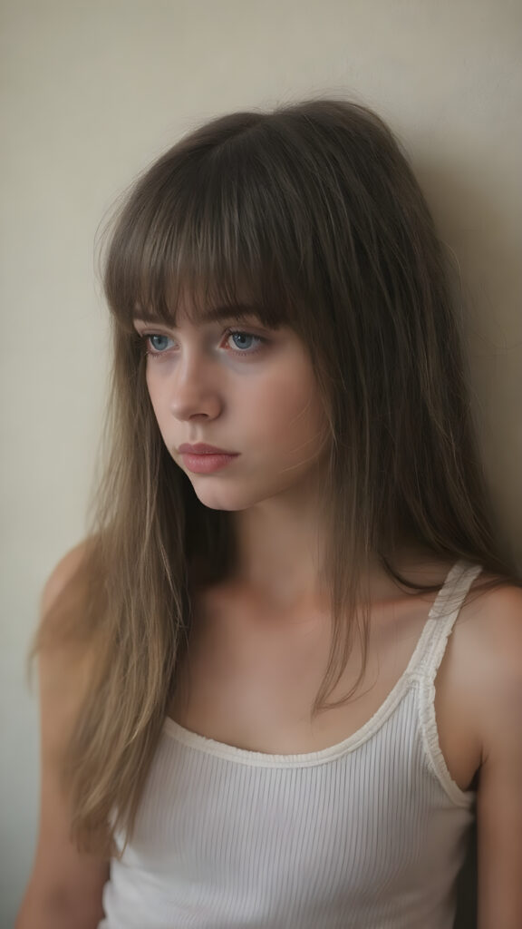 visualize a cute picture: a detailed teen girl, 13 years old, with soft straight very long jet hair, bangs cut frame her round face, exuding a sense of melancholy and loneliness, full lips, (((white cropped short tank top made of fine wool)) which perfectly shaped her body), side view (((against a wall backdrop)))