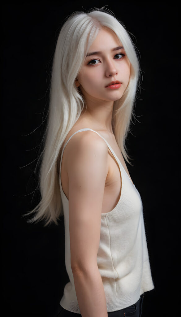 visualize a cute picture: a detailed teen girl, with soft straight very long jet white hair, bangs cut frame her round face, exuding a sense of melancholy and loneliness, full lips, (((white cropped short tank top made of fine wool)) which perfectly shaped her body, deep v-neck), side view (((against a black backdrop))) ((upper body portrait))