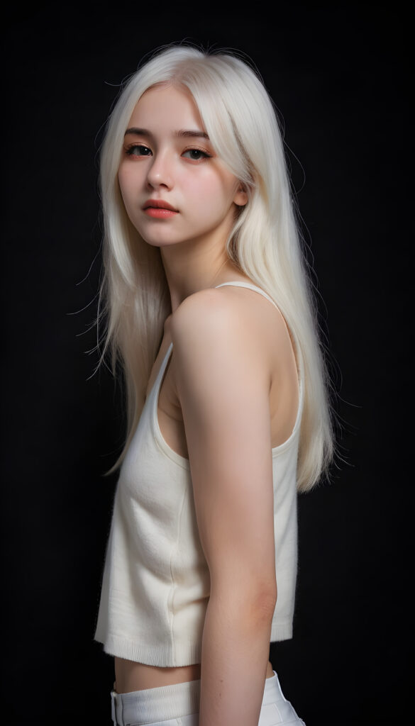 visualize a cute picture: a detailed teen girl, with soft straight very long jet white hair, bangs cut frame her round face, exuding a sense of melancholy and loneliness, full lips, (((white cropped short tank top made of fine wool)) which perfectly shaped her body, deep v-neck), side view (((against a black backdrop))) ((upper body portrait))