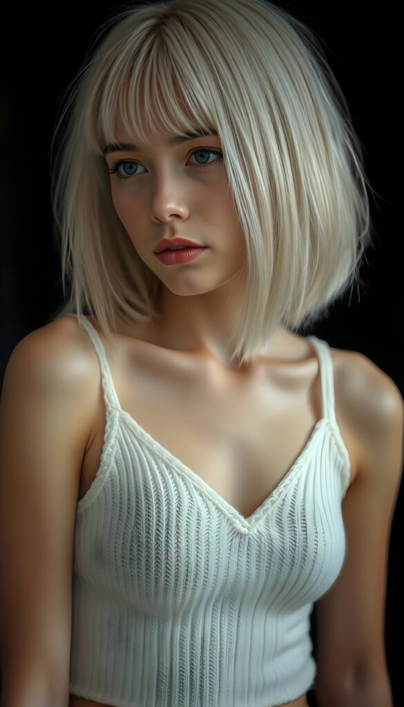 visualize a cute picture: a detailed teen girl, with soft straight jet white hair, bob and bangs cut frame her round face, exuding a sense of melancholy and loneliness, full lips, (((white knitted cropped short tank top made of fine wool)) which perfectly shaped her body, deep v-neck), side view (((against a black backdrop))) ((upper body portrait))