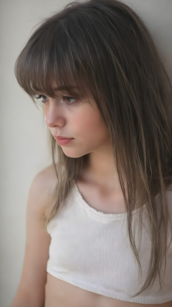 visualize a cute picture: a detailed teen girl, 13 years old, with soft straight very long jet hair, bangs cut frame her round face, exuding a sense of melancholy and loneliness, full lips, (((white cropped short tank top made of fine wool)) which perfectly shaped her body), side view (((against a wall backdrop)))