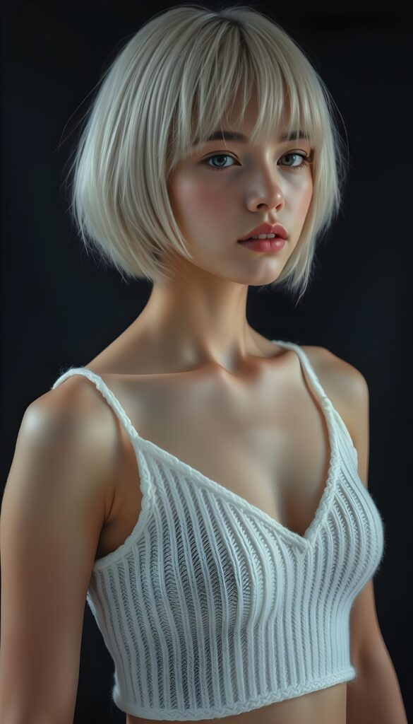 visualize a cute picture: a detailed teen girl, with soft straight jet white hair, bob and bangs cut frame her round face, exuding a sense of melancholy and loneliness, full lips, (((white knitted cropped short tank top made of fine wool)) which perfectly shaped her body, deep v-neck), side view (((against a black backdrop))) ((upper body portrait))