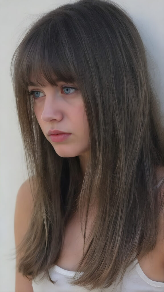 visualize a cute picture: a detailed teen girl, 13 years old, with soft straight very long jet hair, bangs cut frame her round face, exuding a sense of melancholy and loneliness, full lips, (((white cropped short tank top made of fine wool)) which perfectly shaped her body), side view (((against a wall backdrop)))