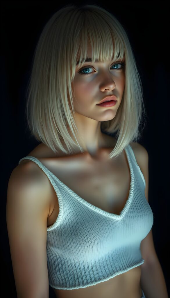 visualize a cute picture: a detailed teen girl, with soft straight jet white hair, bob and bangs cut frame her round face, exuding a sense of melancholy and loneliness, full lips, (((white knitted cropped short tank top made of fine wool)) which perfectly shaped her body, deep v-neck), side view (((against a black backdrop))) ((upper body portrait))