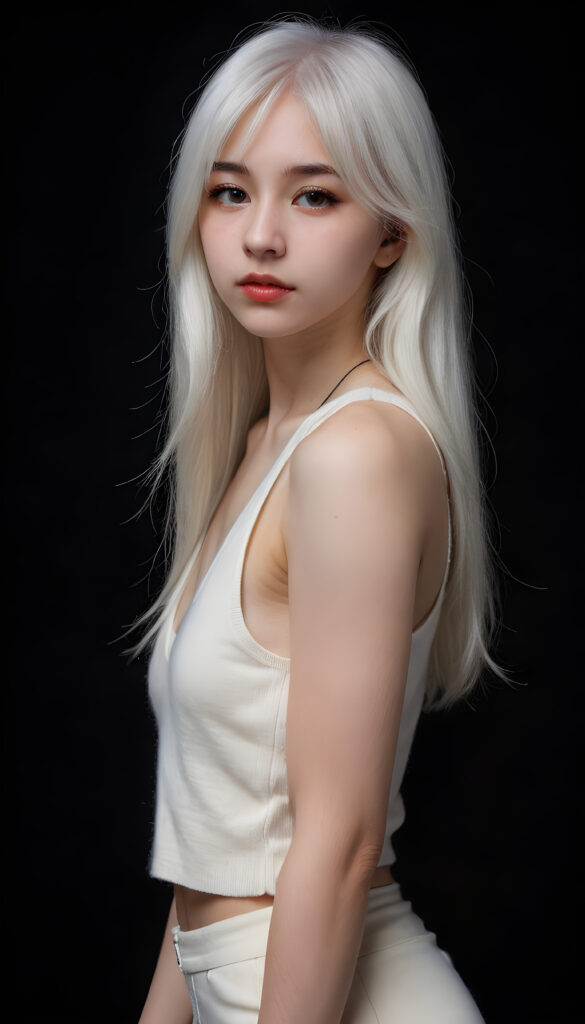 visualize a cute picture: a detailed teen girl, with soft straight very long jet white hair, bangs cut frame her round face, exuding a sense of melancholy and loneliness, full lips, (((white cropped short tank top made of fine wool)) which perfectly shaped her body, deep v-neck), side view (((against a black backdrop))) ((upper body portrait))