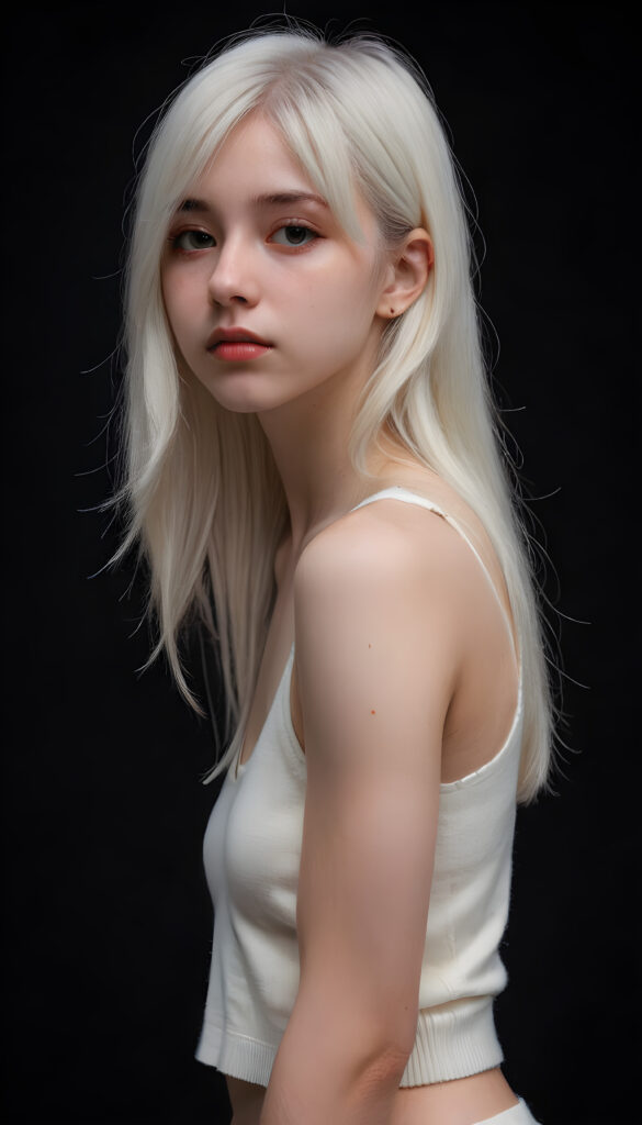 visualize a cute picture: a detailed teen girl, with soft straight very long jet white hair, bangs cut frame her round face, exuding a sense of melancholy and loneliness, full lips, (((white cropped short tank top made of fine wool)) which perfectly shaped her body, deep v-neck), side view (((against a black backdrop))) ((upper body portrait))