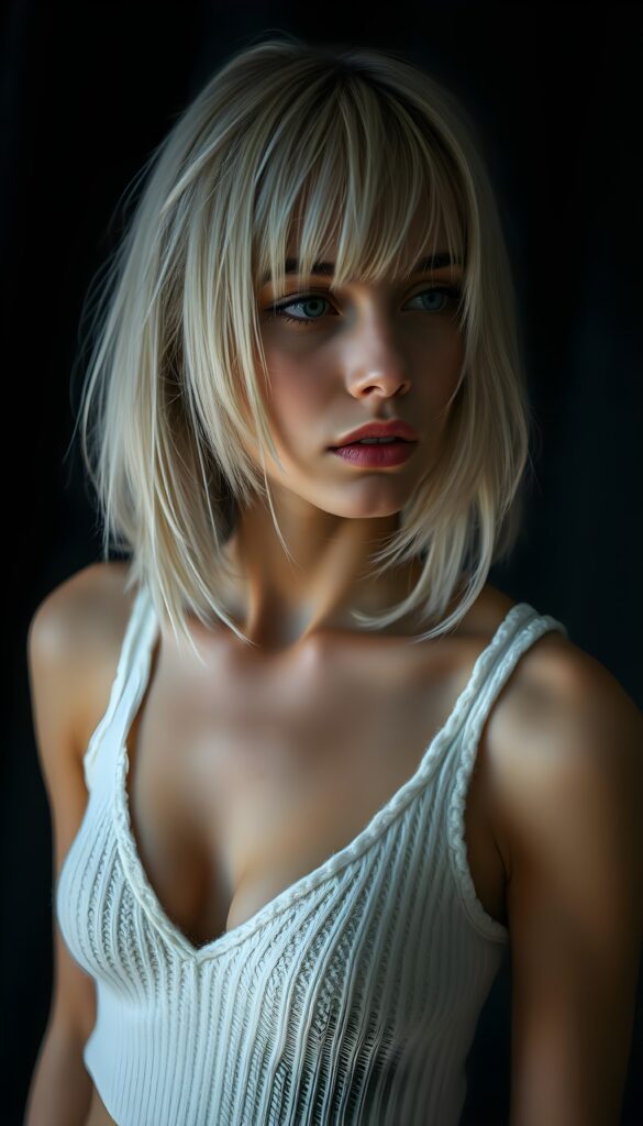 visualize a cute picture: a detailed teen girl, with soft straight jet white hair, bob and bangs cut frame her round face, exuding a sense of melancholy and loneliness, full lips, (((white knitted cropped short tank top made of fine wool)) which perfectly shaped her body, deep v-neck), side view (((against a black backdrop))) ((upper body portrait))