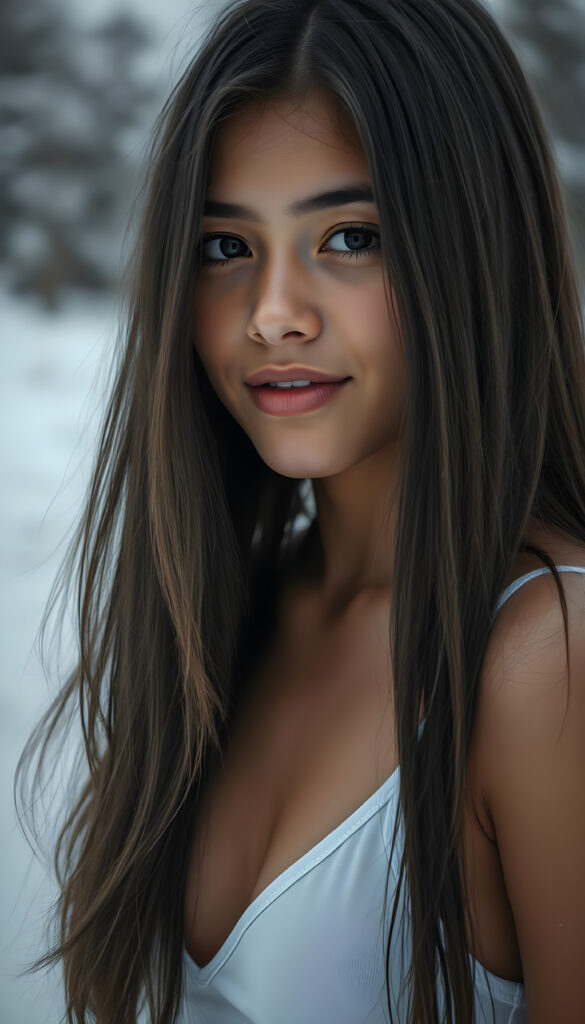 visualize a detailed and realistic photo: a (((stunning young light brown-skinned busty Exotic teen girl with flawless, soft skin))) (glossy hair with subtle layering, (((vivid obsidian black soft straight hair)))), whose frame a (seriously sensual face) with (dramatically contrasting, full, (((natural lips)))), round face and a warm smile, the mouth slightly open with white teeth, (light brown eyes), set against a (broodingly atmospheric snow backdrop) for an unforgettable (upper body shot). Her features are captured in (intense detail), accentuated by the (ombré shadow and highlights) that draw the eye, ((she wears a white v-neck tank top that emphasizes her perfectly shaped body)), ((gorgeous)) ((side view))