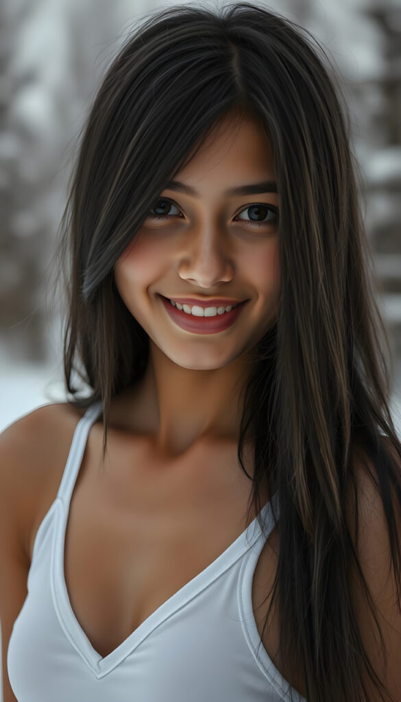 visualize a detailed and realistic photo: a (((stunning young light brown-skinned busty Exotic teen girl with flawless, soft skin))) (glossy hair with subtle layering, (((vivid obsidian black soft straight hair)))), whose frame a (seriously sensual face) with (dramatically contrasting, full, (((natural lips)))), round face and a warm smile, the mouth slightly open with white teeth, (light brown eyes), set against a (broodingly atmospheric snow backdrop) for an unforgettable (upper body shot). Her features are captured in (intense detail), accentuated by the (ombré shadow and highlights) that draw the eye, ((she wears a white v-neck tank top that emphasizes her perfectly shaped body)), ((gorgeous)) ((side view))