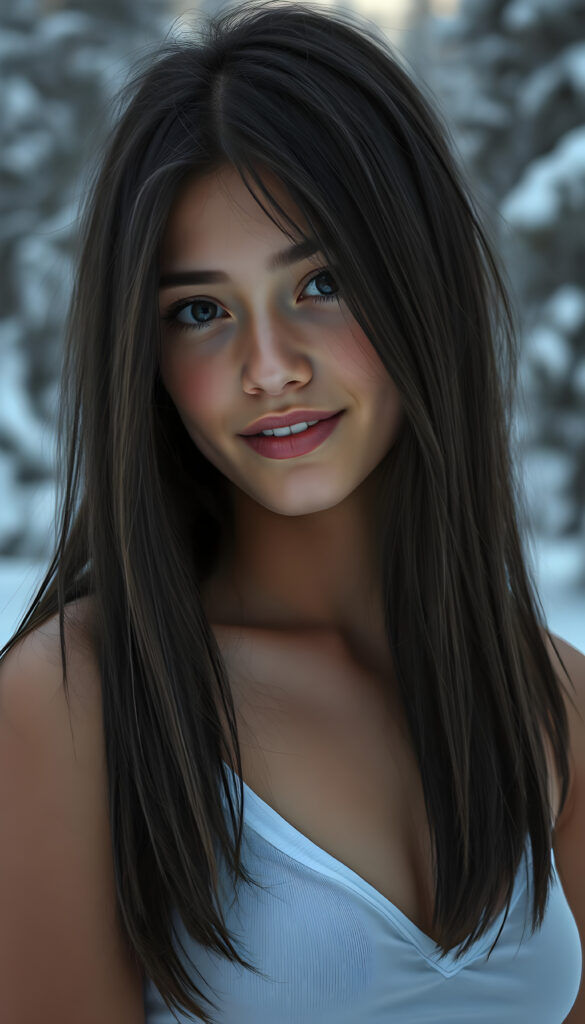 visualize a detailed and realistic photo: a (((stunning young light brown-skinned busty Exotic teen girl with flawless, soft skin))) (glossy hair with subtle layering, (((vivid obsidian black soft straight hair)))), whose frame a (seriously sensual face) with (dramatically contrasting, full, (((natural lips)))), round face and a warm smile, the mouth slightly open with white teeth, (light brown eyes), set against a (broodingly atmospheric snow backdrop) for an unforgettable (upper body shot). Her features are captured in (intense detail), accentuated by the (ombré shadow and highlights) that draw the eye, ((she wears a white v-neck tank top that emphasizes her perfectly shaped body)), ((gorgeous)) ((side view))