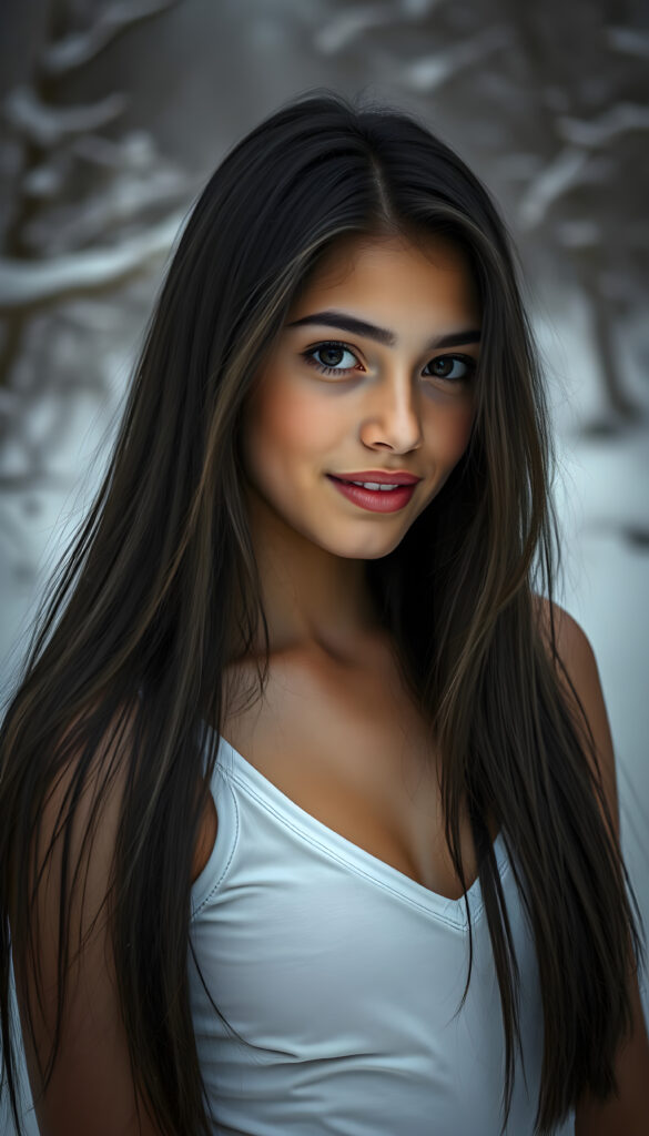 visualize a detailed and realistic photo: a (((stunning young light brown-skinned busty Exotic teen girl with flawless, soft skin))) (glossy hair with subtle layering, (((vivid obsidian black soft straight hair)))), whose frame a (seriously sensual face) with (dramatically contrasting, full, (((natural lips)))), round face and a warm smile, the mouth slightly open with white teeth, (light brown eyes), set against a (broodingly atmospheric snow backdrop) for an unforgettable (upper body shot). Her features are captured in (intense detail), accentuated by the (ombré shadow and highlights) that draw the eye, ((she wears a white v-neck tank top that emphasizes her perfectly shaped body)), ((gorgeous)) ((side view))