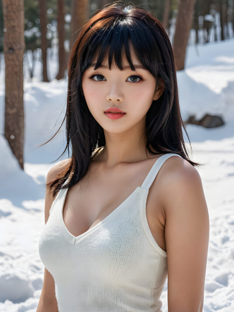 visualize a detailed and realistic photo: a (((stunning, gorgeous young light tanned busty Korean teen girl with flawless, soft skin))) (glossy hair with subtle layering, (((vivid obsidian black soft straight hair in Korean bangs style)))), whose frame a (seriously sensual face) with (dramatically contrasting, full, (((natural lips)))), round face, the mouth slightly open with white teeth, (light brown eyes), set against a (broodingly atmospheric snow backdrop) for an unforgettable, her features are captured in (intense detail), (((she wears a white v-neck tank top that emphasizes her perfectly shaped body made of fine wool)))