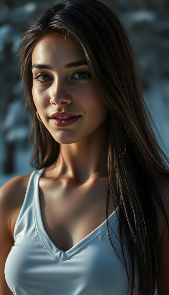 visualize a detailed and realistic photo: a (((stunning young light brown-skinned busty Exotic teen girl with flawless, soft skin))) (glossy hair with subtle layering, (((vivid obsidian black soft straight hair)))), whose frame a (seriously sensual face) with (dramatically contrasting, full, (((natural lips)))), round face and a warm smile, the mouth slightly open with white teeth, (light brown eyes), set against a (broodingly atmospheric snow backdrop) for an unforgettable (upper body shot). Her features are captured in (intense detail), accentuated by the (ombré shadow and highlights) that draw the eye, ((she wears a white v-neck tank top that emphasizes her perfectly shaped body)), ((gorgeous)) ((side view))