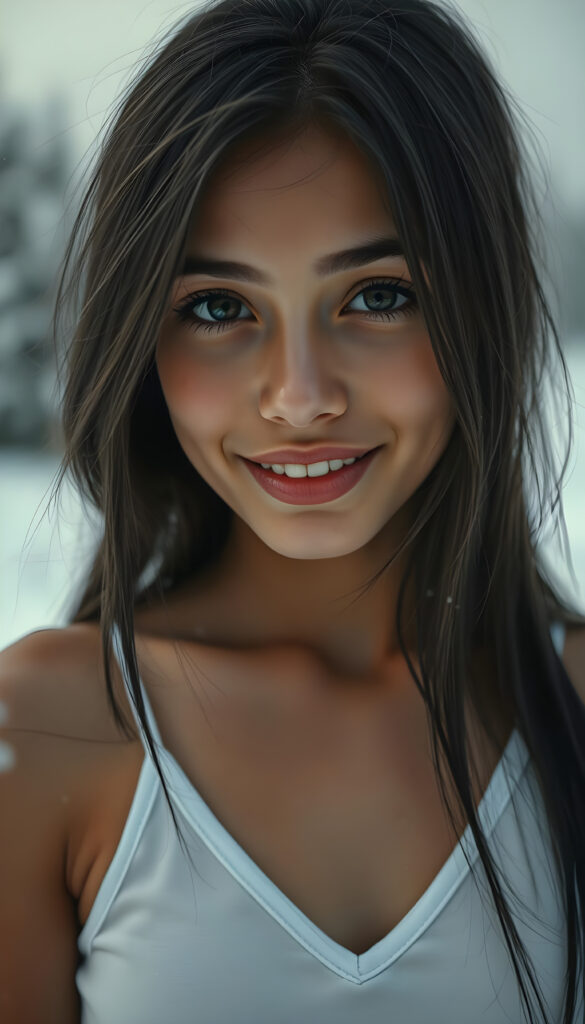 visualize a detailed and realistic photo: a (((stunning young light brown-skinned busty Exotic teen girl with flawless, soft skin))) (glossy hair with subtle layering, (((vivid obsidian black soft straight hair)))), whose frame a (seriously sensual face) with (dramatically contrasting, full, (((natural lips)))), round face and a warm smile, the mouth slightly open with white teeth, (light brown eyes), set against a (broodingly atmospheric snow backdrop) for an unforgettable (upper body shot). Her features are captured in (intense detail), accentuated by the (ombré shadow and highlights) that draw the eye, ((she wears a white v-neck tank top that emphasizes her perfectly shaped body)), ((gorgeous)) ((side view))