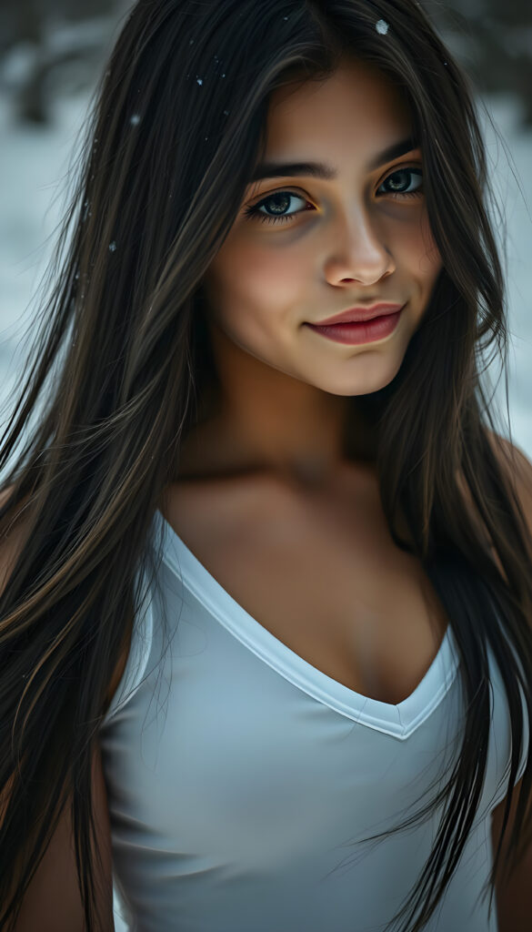visualize a detailed and realistic photo: a (((stunning young light brown-skinned busty Exotic teen girl with flawless, soft skin))) (glossy hair with subtle layering, (((vivid obsidian black soft straight hair)))), whose frame a (seriously sensual face) with (dramatically contrasting, full, (((natural lips)))), round face and a warm smile, the mouth slightly open with white teeth, (light brown eyes), set against a (broodingly atmospheric snow backdrop) for an unforgettable (upper body shot). Her features are captured in (intense detail), accentuated by the (ombré shadow and highlights) that draw the eye, ((she wears a white v-neck tank top that emphasizes her perfectly shaped body)), ((gorgeous)) ((side view))