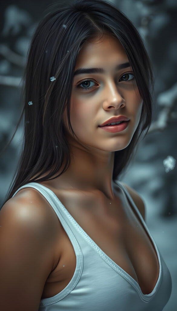 visualize a detailed and realistic photo: a (((stunning young light brown-skinned busty Exotic teen girl with flawless, soft skin))) (glossy hair with subtle layering, (((vivid obsidian black soft straight hair)))), whose frame a (seriously sensual face) with (dramatically contrasting, full, (((natural lips)))), round face and a warm smile, the mouth slightly open with white teeth, (light brown eyes), set against a (broodingly atmospheric snow backdrop) for an unforgettable (upper body shot). Her features are captured in (intense detail), accentuated by the (ombré shadow and highlights) that draw the eye, ((she wears a white v-neck tank top that emphasizes her perfectly shaped body)), ((gorgeous)) ((side view))