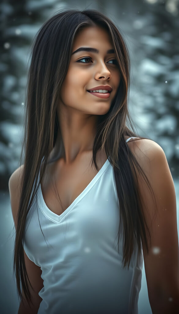 visualize a detailed and realistic photo: a (((stunning young light brown-skinned busty Exotic teen girl with flawless, soft skin))) (glossy hair with subtle layering, (((vivid obsidian black soft straight hair)))), whose frame a (seriously sensual face) with (dramatically contrasting, full, (((natural lips)))), round face and a warm smile, the mouth slightly open with white teeth, (light brown eyes), set against a (broodingly atmospheric snow backdrop) for an unforgettable (upper body shot). Her features are captured in (intense detail), accentuated by the (ombré shadow and highlights) that draw the eye, ((she wears a white v-neck tank top that emphasizes her perfectly shaped body)), ((gorgeous)) ((side view))
