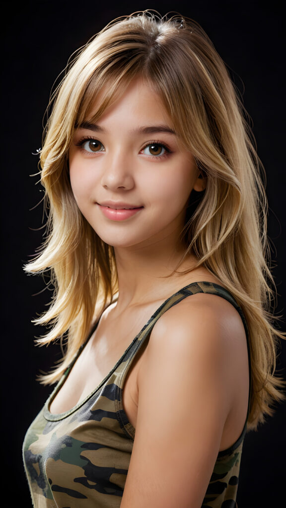 visualize a detailed and realistic upper body portrait from: a (((beautiful teenage girl, 17 years old, brown skinned))), she has a wonderfully shaped body and is lightly clothed in a (((camouflage-colored super short tank top)) that emphasizes her beautiful body, she has ((soft long blond straight shoulder-length hair, bangs cut)), full lips, ((light amber eyes)), she looks seductively into the camera, she smiles gently and has white teeth, soft sunlight falls on her round face ((dark background)), perfect shadows and lights, ((side view))