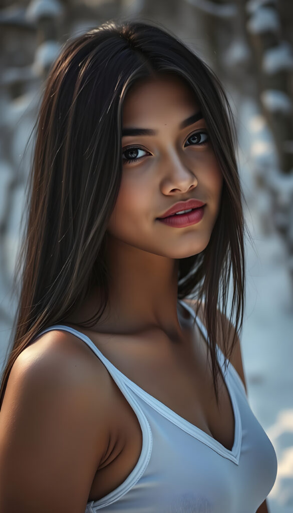 visualize a detailed and realistic photo: a (((stunning young light brown-skinned busty Exotic teen girl with flawless, soft skin))) (glossy hair with subtle layering, (((vivid obsidian black soft straight hair)))), whose frame a (seriously sensual face) with (dramatically contrasting, full, (((natural lips)))), round face and a warm smile, the mouth slightly open with white teeth, (light brown eyes), set against a (broodingly atmospheric snow backdrop) for an unforgettable (upper body shot). Her features are captured in (intense detail), accentuated by the (ombré shadow and highlights) that draw the eye, ((she wears a white v-neck tank top that emphasizes her perfectly shaped body)), ((gorgeous)) ((side view))