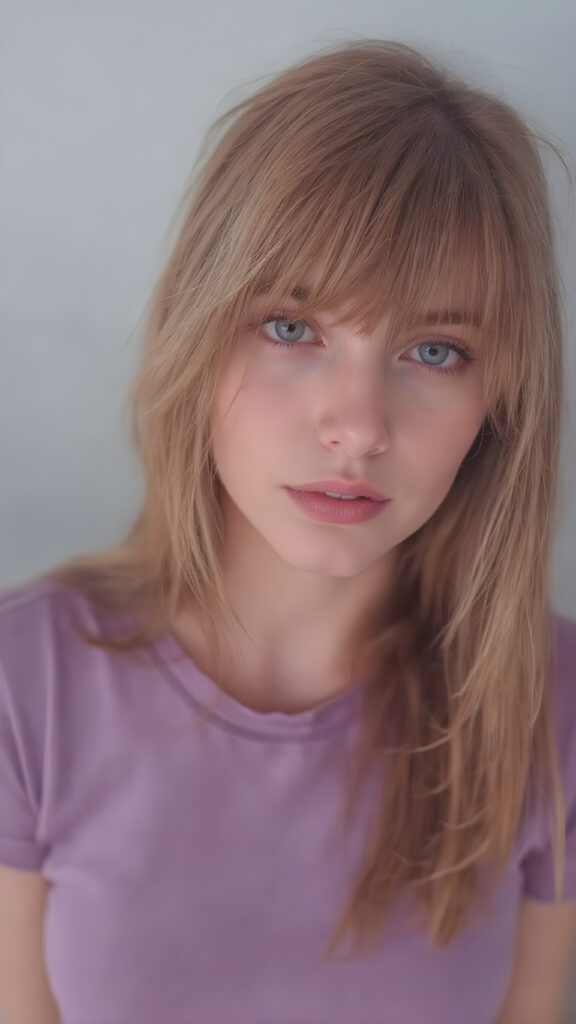 visualize a (((really detailed young teenage girl with long, soft straight red hair framing her face in classic bangs, her lips looking seductively, ((dressed in a plain violet t-shirt)) that accentuates every curve of her stunningly beautiful form, against a backdrop that suggests an ethereal mist