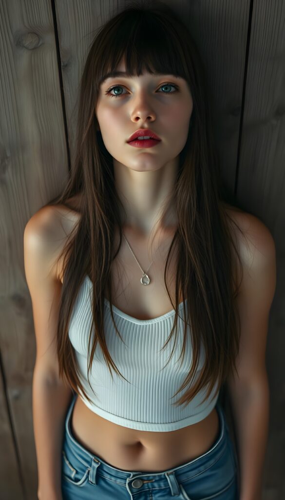 visualize a picture: a detailed teen girl, with soft straight very long jet brown hair, bangs cut frame her round face, exuding a sense of melancholy and loneliness, full red lips, (white cropped short tank top made of fine wool, deep v-neck, cute round belly button) which perfectly shaped her body), short blue denim jeans pants, view from above (against a wooden wall), view from the front and she looks up.