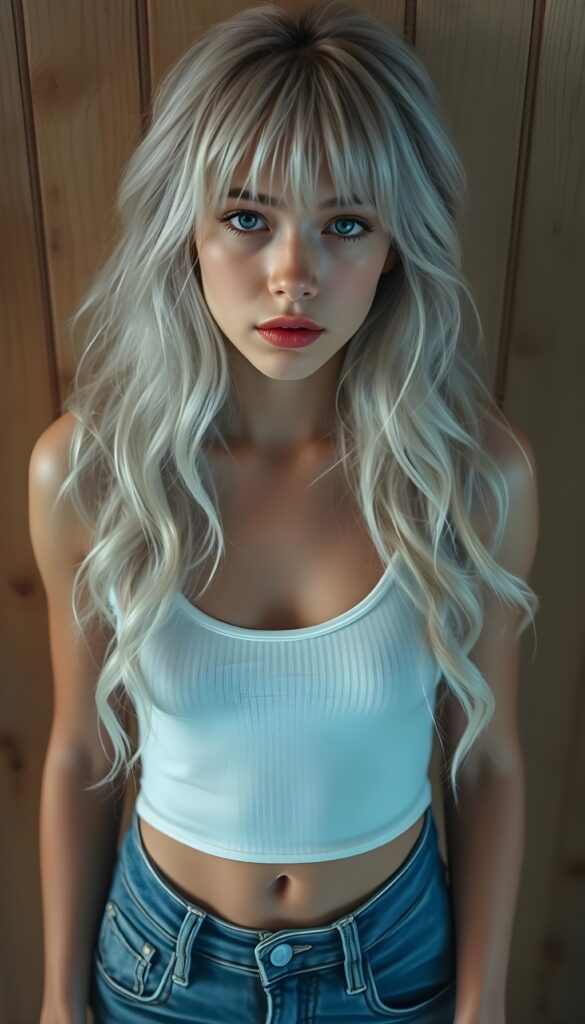 visualize a picture: a detailed teen girl, with soft wavy very long jet platinum white hair, bangs cut frame her round face, exuding a sense of melancholy and loneliness, full red lips, (white cropped short tank top made of fine wool, deep v-neck, cute round belly button) which perfectly shaped her body), short blue denim jeans pants, view from above (against a wooden wall).