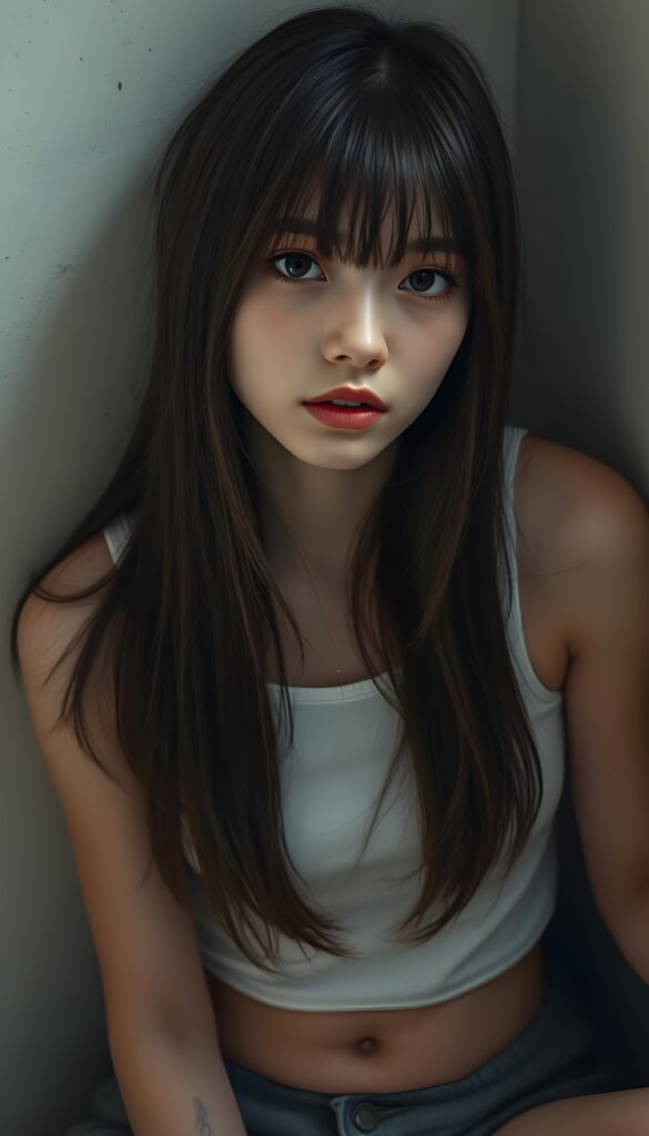 visualize a picture: a detailed teen girl, with soft straight very long jet brown hair, bangs cut frame her round face, exuding a sense of melancholy and loneliness, full red lips, (white cropped short tank top made of fine wool) which perfectly shaped her body), view from above (she is sitting against a wall backdrop)