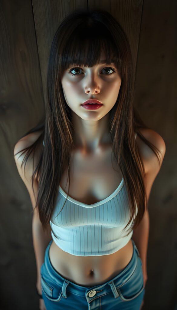 visualize a picture: a detailed teen girl, with soft straight very long jet brown hair, bangs cut frame her round face, exuding a sense of melancholy and loneliness, full red lips, (white cropped short tank top made of fine wool, deep v-neck, cute round belly button) which perfectly shaped her body), short blue denim jeans pants, view from above (against a wooden wall), view from the front and she looks up.