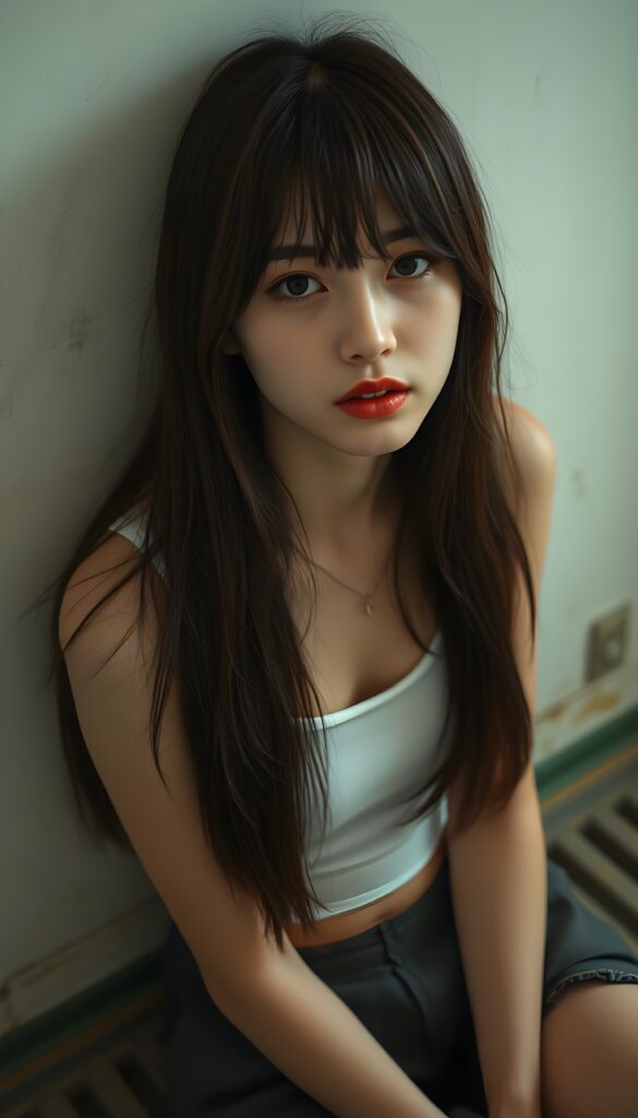 visualize a picture: a detailed teen girl, with soft straight very long jet brown hair, bangs cut frame her round face, exuding a sense of melancholy and loneliness, full red lips, (white cropped short tank top made of fine wool) which perfectly shaped her body), view from above (she is sitting against a wall backdrop)