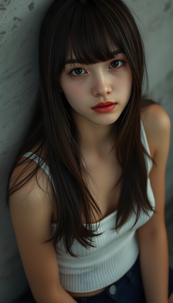 visualize a picture: a detailed teen girl, with soft straight very long jet brown hair, bangs cut frame her round face, exuding a sense of melancholy and loneliness, full red lips, (white cropped short tank top made of fine wool) which perfectly shaped her body), view from above (she is sitting against a wall backdrop)