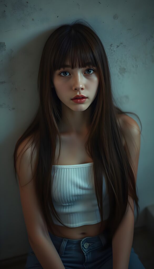 visualize a picture: a detailed teen girl, with soft straight very long jet brown hair, bangs cut frame her round face, exuding a sense of melancholy and loneliness, full red lips, (white cropped short tank top made of fine wool) which perfectly shaped her body), view from above (she is sitting against a wall backdrop)