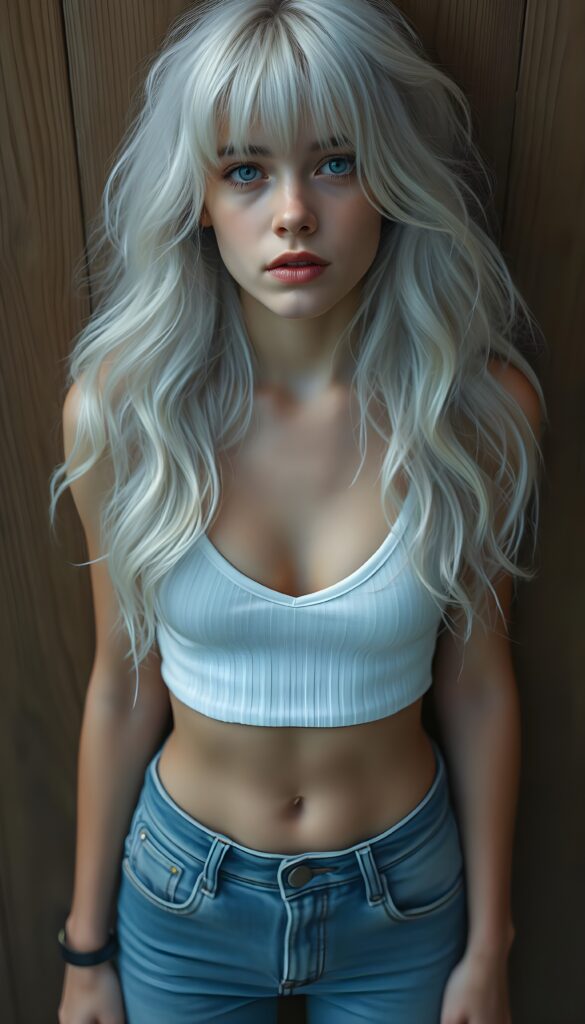 visualize a picture: a detailed teen girl, with soft wavy very long jet platinum white hair, bangs cut frame her round face, exuding a sense of melancholy and loneliness, full red lips, (white cropped short tank top made of fine wool, deep v-neck, cute round belly button) which perfectly shaped her body), short blue denim jeans pants, view from above (against a wooden wall).