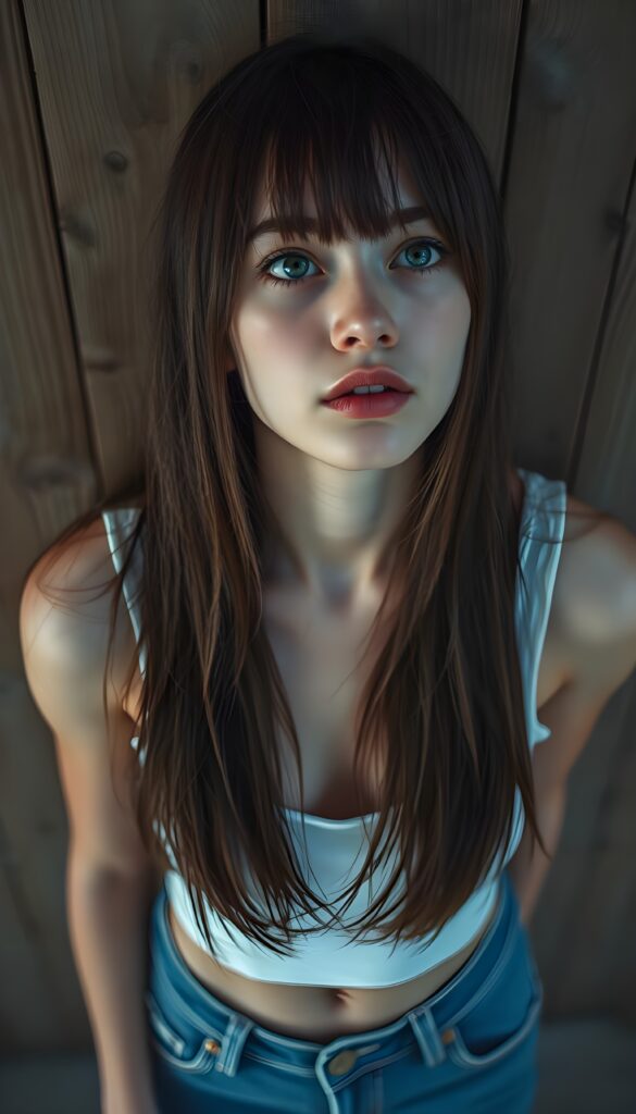 visualize a picture: a detailed teen girl, with soft straight very long jet brown hair, bangs cut frame her round face, exuding a sense of melancholy and loneliness, full red lips, (white cropped short tank top made of fine wool, deep v-neck, cute round belly button) which perfectly shaped her body), short blue denim jeans pants, view from above (against a wooden wall), view from the front and she looks up.