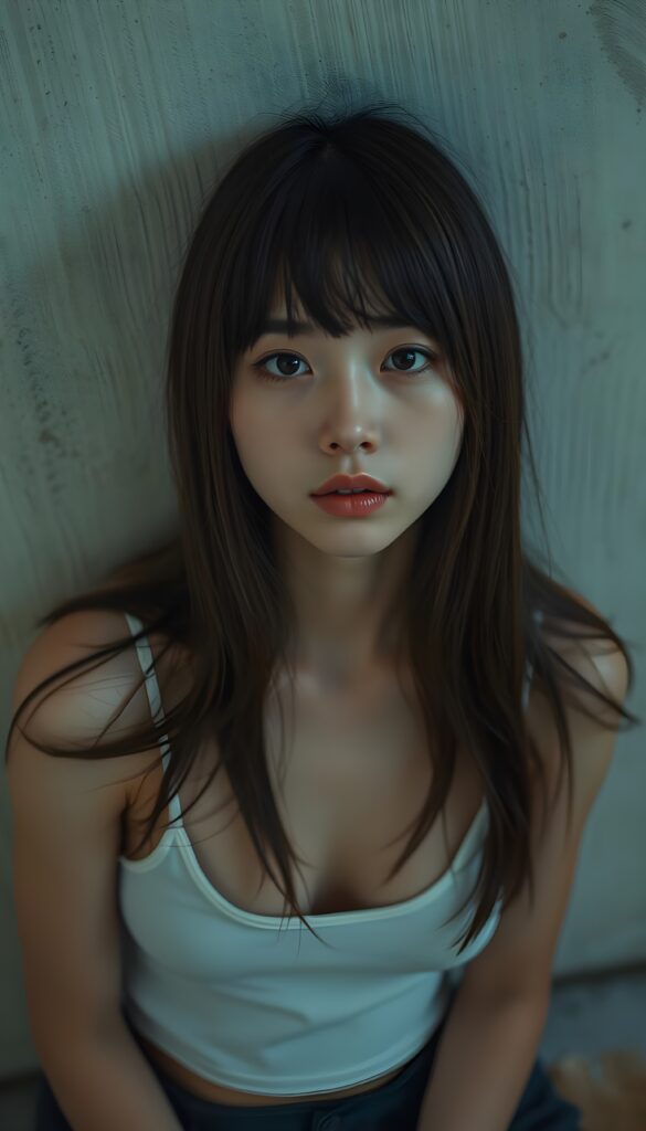 visualize a picture: a detailed teen girl, with soft straight very long jet brown hair, bangs cut frame her round face, exuding a sense of melancholy and loneliness, full red lips, (white cropped short tank top made of fine wool) which perfectly shaped her body), view from above (she is sitting against a wall backdrop)