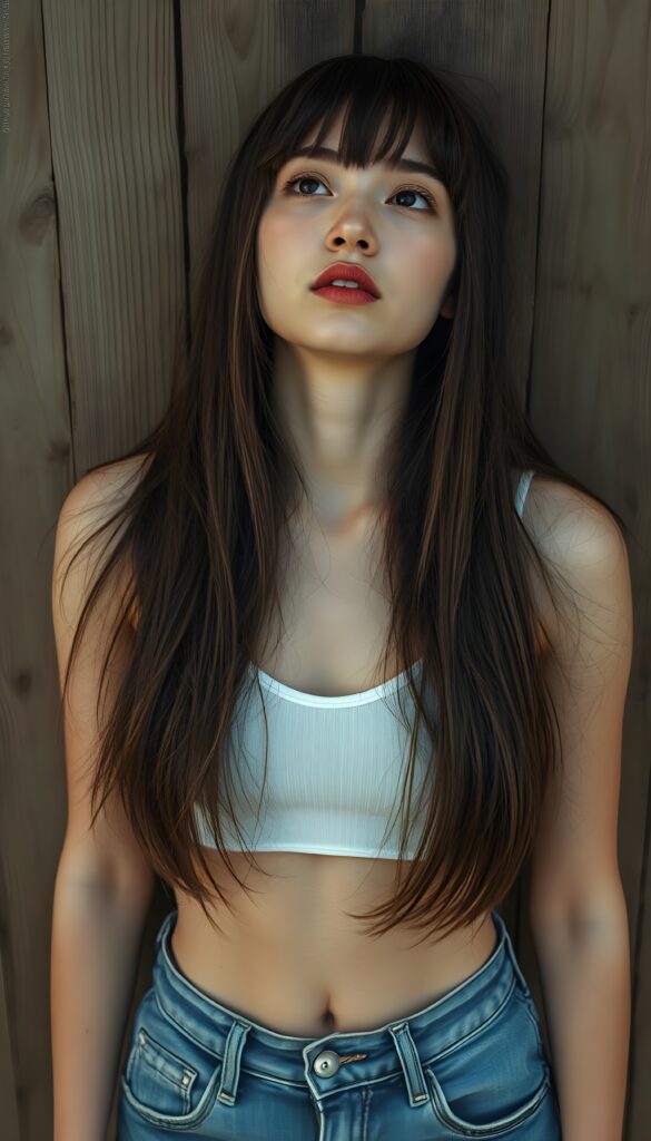 visualize a picture: a detailed teen girl, with soft straight very long jet brown hair, bangs cut frame her round face, exuding a sense of melancholy and loneliness, full red lips, (white cropped short tank top made of fine wool, deep v-neck, cute round belly button) which perfectly shaped her body), short blue denim jeans pants, view from above (against a wooden wall), view from the front and she looks up.