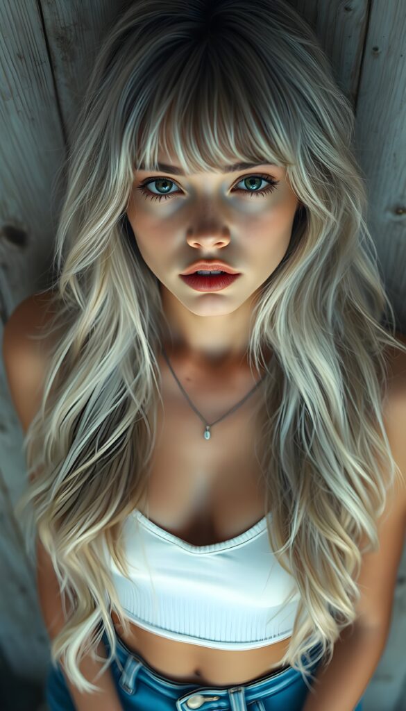 visualize a picture: a detailed teen girl, with soft wavy very long jet platinum white hair, bangs cut frame her round face, exuding a sense of melancholy and loneliness, full red lips, (white cropped short tank top made of fine wool, deep v-neck, cute round belly button) which perfectly shaped her body), short blue denim jeans pants, view from above (against a wooden wall).