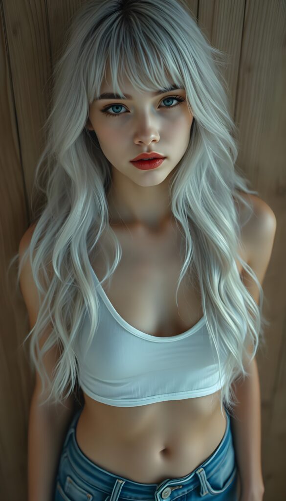 visualize a picture: a detailed teen girl, with soft wavy very long jet platinum white hair, bangs cut frame her round face, exuding a sense of melancholy and loneliness, full red lips, (white cropped short tank top made of fine wool, deep v-neck, cute round belly button) which perfectly shaped her body), short blue denim jeans pants, view from above (against a wooden wall).